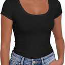 PALINDA Women's Short Sleeve Scoop Neck Fitted Shirts Basic Casual Stretchy T Shirt Workout Tops (Large, Black)