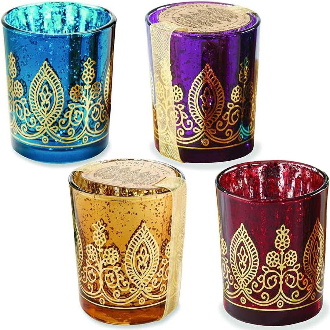 Kate Aspen Indian Jewel Henna Glass, Tealight Candle Holders Votives, Set of 4
