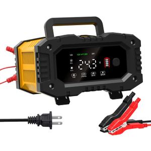 TPE 10Amp Intelligent Battery Charger with LCD Display - Portable LiFePO4/Lead-Acid Battery Charger for 12V/24V Auto Maintenance