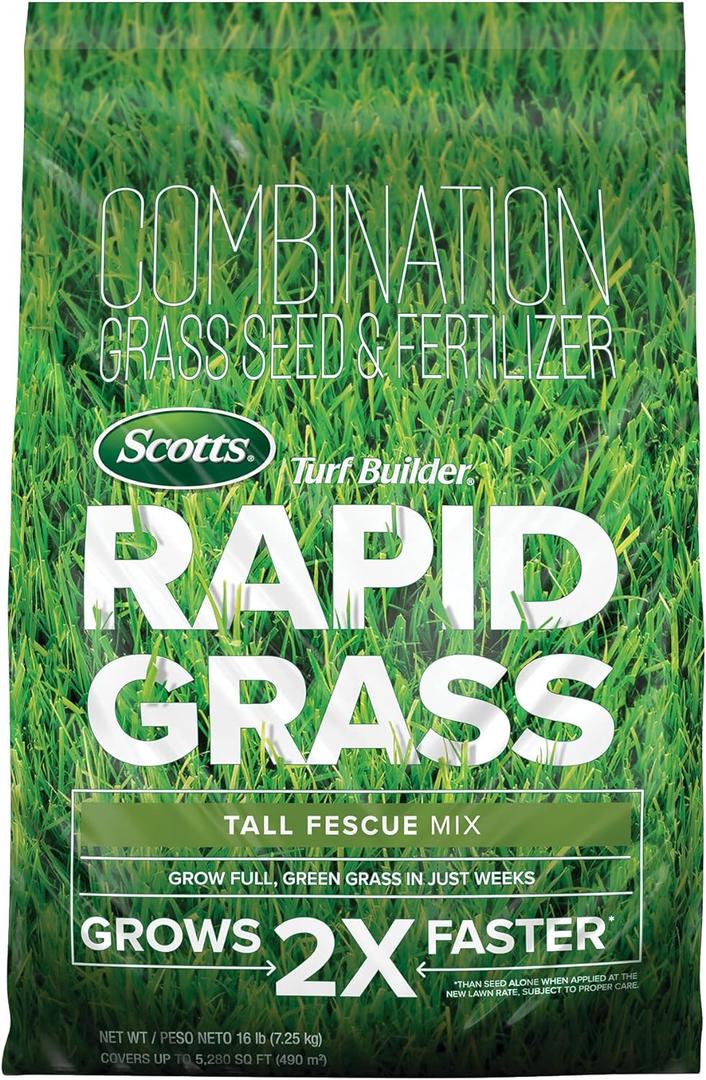 Scotts Turf Builder Rapid Grass Tall Fescue Mix, Combination Seed and Fertilizer, Grows Green Grass in Just Weeks, For Overseeding and New Lawns, 16 lb.