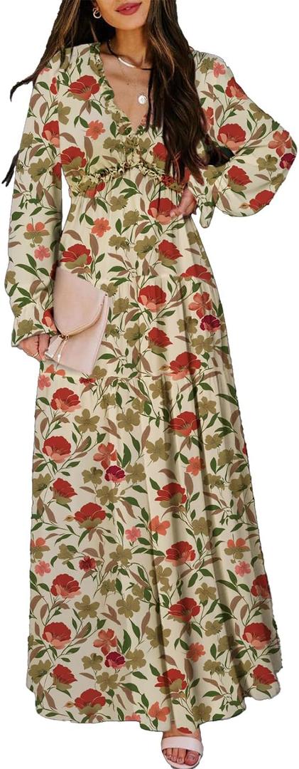 BLENCOT Womens Casual Boho Floral Printed V Neck Long Sleeve Long Maxi Dress Spring Summer Dresses Orange XL