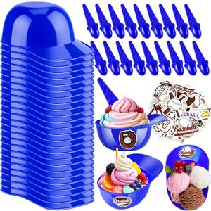 MEEZY 50 Set Baseball Helmet Ice Cream Bowls with 25 Mini Dessert Cups and 25 Spoons, 8oz Reusable Baseball Cap Snack Dessert Cup Bowls Baseball Party Favors for Kids Sports Birthday Party Supplies (Blue)