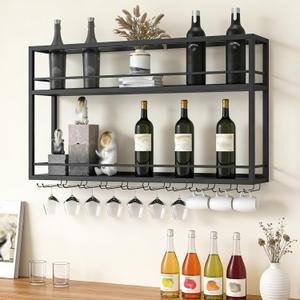 Industrial Wall Mounted Wine Rack, 2-Tier Wood Wine Bottle Shelf with Stemware Rack, Black Wine Glass Rack Multi Functional Wine Storage Display Rack for Home Bar Dining Room Kitchen (31.47.826in)