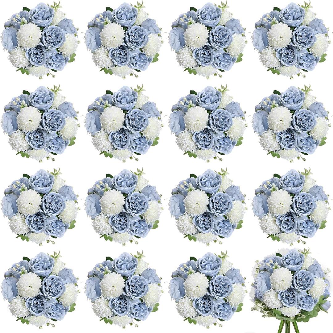 16 Bundles Artificial Flowers Peonies, Dusty Blue Silk Faux Peony Floral Arrangements Fake Peony for DIY Bouquet for Vase Centerpiece Home Wedding Party Centerpiece