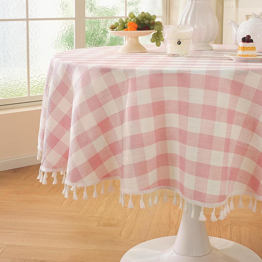 Laolitou Spring Pink Checkered 60" Round Tablecloth (Fits 30-48" Table) Washable Buffalo Plaid Table Cloth with Tassel Cotton Linen Gingham Table Cover for Baby Shower, Pink, Round