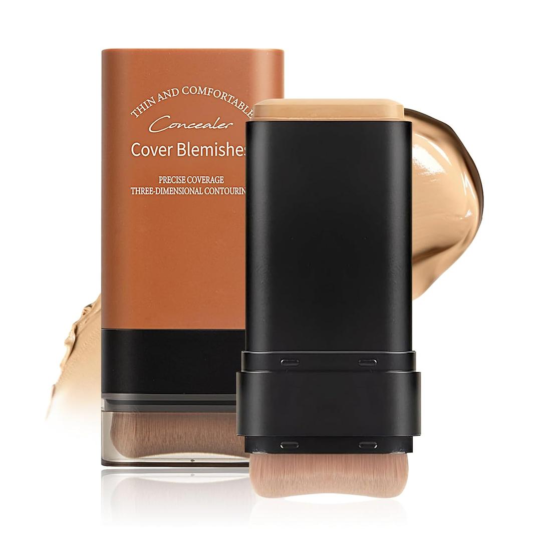 Full Coverage Foundation Stick with Contour Brush, Waterproof & Long-Lasting Foundation Makeup, Buildable Concealer Stick for All Skin Types, Lightweight Daily Natural Matte Finish for Beginners