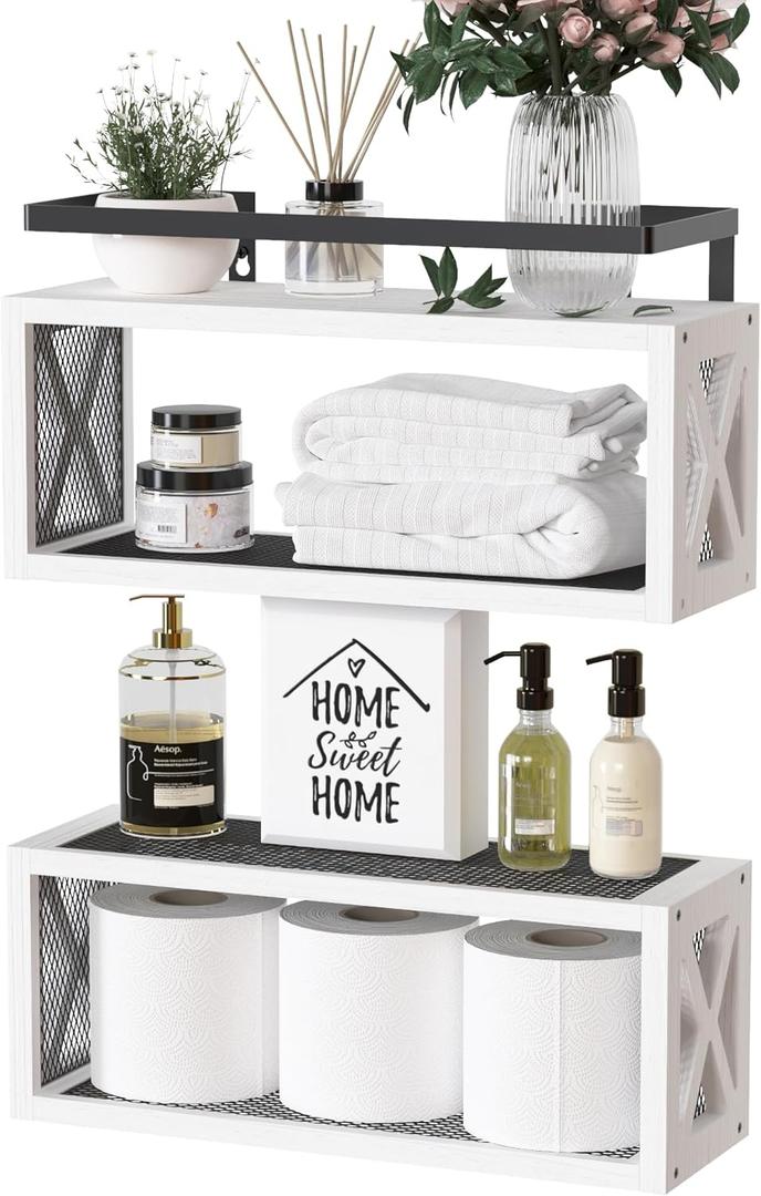 RICHER HOUSE Floating Shelves with Guardrail, Rustic Wood Shelves for Wall Dcor, Farmhouse Bathroom Accessories Wall Mounted, Bathroom Organizer Over Toilet Storage, Kitchen, Living Room - White