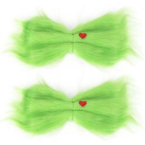 Green Furry Bow Hair Clips for Women - 2 Pack Red Heart Accent Hair Accessory