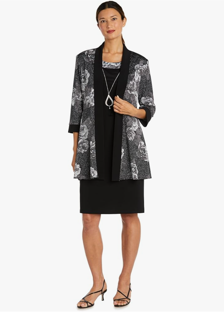 Black Shift Dress W/Attached Necklace & Floral 3/4 Sleeve Printed Jacket Size 12