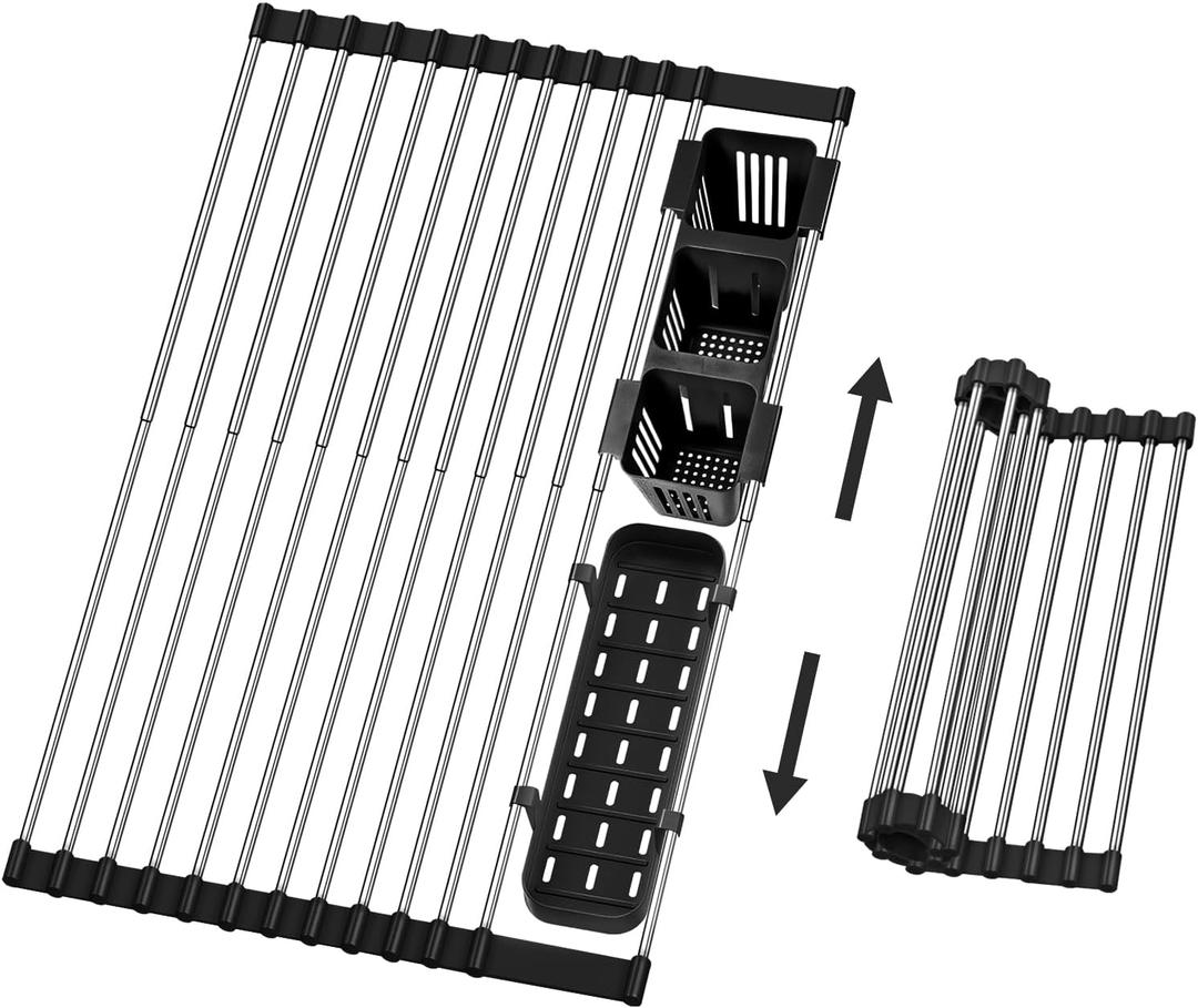 Extra Large Expandable Roll Up Dish Drying Rack, 22.8 x 17.3 in with Expandable Storage Basket Over The Sink Rolling Dish Drainer, Foldable Sink Dish Drainer for Kitchen Counter,Black