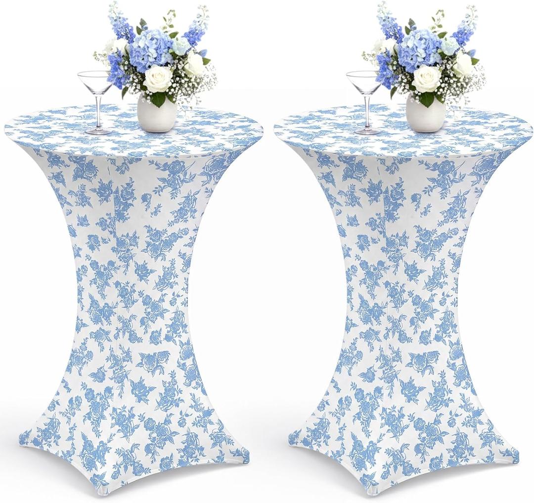 Mindsoft 2 Pcs 32''x43'' Blue Floral Highboy Spandex Cocktail Table Cover Fitted Stretch Cocktail Tablecloth Blue & White Porcelain Spandex High Top Table Cover for Wedding Birthday Graduation Party