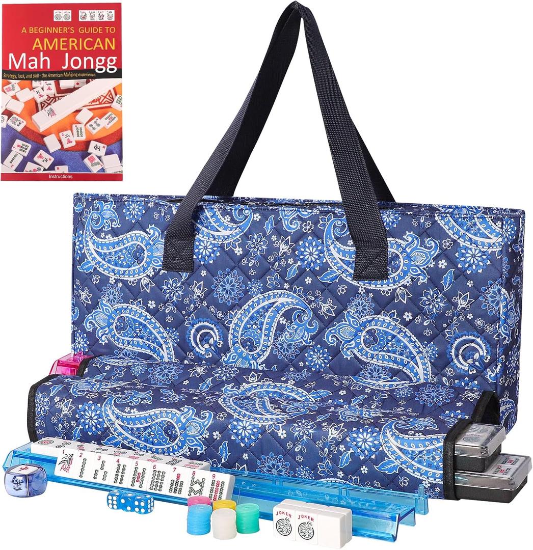 American Mahjong Game Set, 166 White Tiles, Blue Printed Bag with Entire Accessories, 4 All-in-One Rack/Pushers, Mahjong Tiles Set