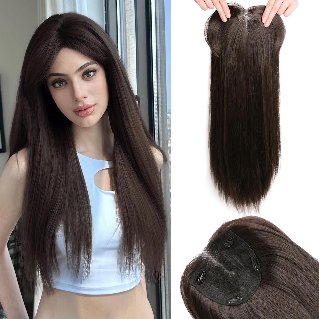 Toppers Hair Pieces for Women 24 Inch Long Straight Clip in Hair Toppers for Women Thinning Hairs Synthetic Hand-Tied Hairline Heat Resistant Layered Womens Wig Topper Add Volume Dark Brown