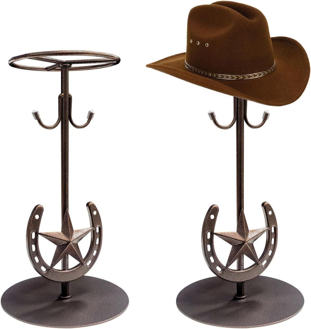 2 Pack Cowboy Hat Rack,Tabletop Standing Cowboy Hat Holder ，Western Horseshoe Decor，Hat Display Stand Can Keeps Original Shape of Hat, for Wide-brimmed Hat，Iron, Bronze