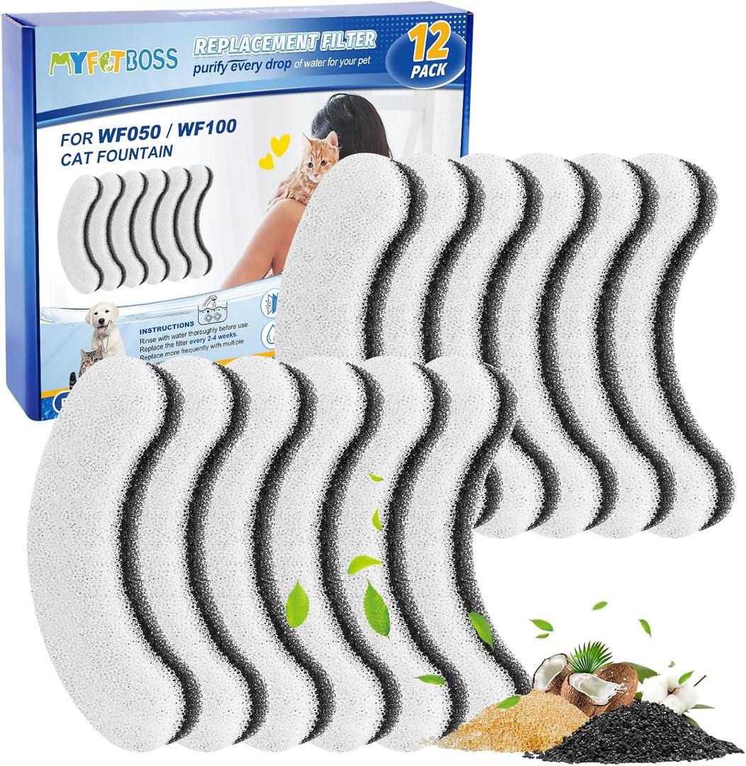 12 Pack Cat Water Fountain Filters for WF050 WF100 Automatic Pet Water Fountain, Pet Fountain Filter Replacement for WF050TP Cat Founatin Dog Dispenser