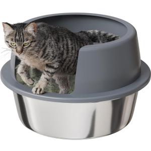Booche Round High-Sided Stainless Steel Cat Litter Box,Stainless Steel Litter Box with Lid,Extra Large Box,Easy-to-Clean Metal Litter Pan for Cats