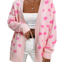 Heart Cardigan Sweater for Women Oversized Valentine Cardigan Cute Love Print Open Front Knit Sweaters Coat with Pockets, Size M