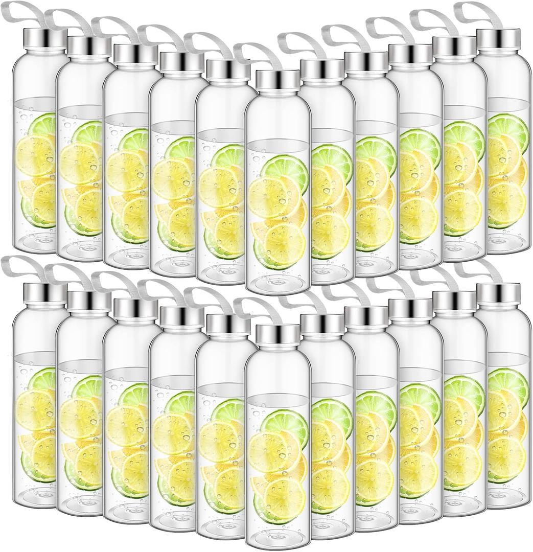 Zubebe Reusable Clear Water Bottles Bulk with Stainless Steel Leak Proof Lids Sports Bottles with Nylon Camying Strap for Party Gift Water Milk Smoothie Juice Beverage