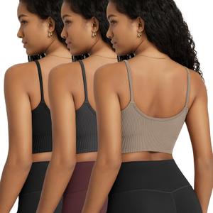 ODODOS 3-Pack Seamless Sports Bra for Women Ribbed Camisoles Non Padding Yoga Bra Crop Tank Tops, Taupe+Black+Charcoal, Large (L)