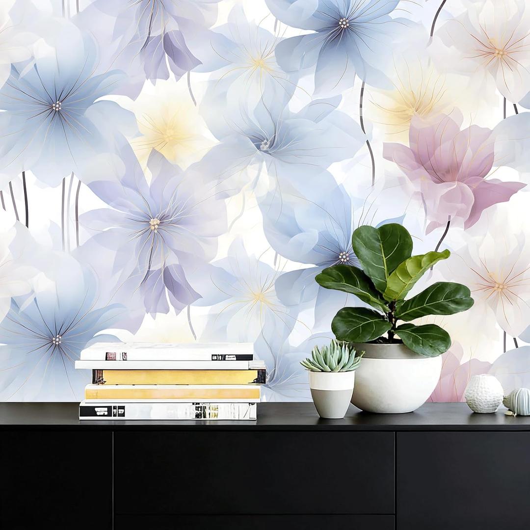 Floral Self Adhesive Wall Paper 39.3 x 17.3 Inches, Soft Pastel Flower Peel and Stick Wallpaper, Elegant Botanical Wallpaper for Bedroom Living Room Decor (Light Purple Flowers)