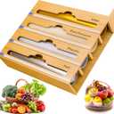 Bamboo Aluminum Foil Organizer & Plastic Wrap Dispenser with Cutter - 4 in 1 Parchment, Wax Paper & Saran Wrap Holder - Tin Foil Food Wrap Organizer for Kitchen Drawer, Countertop & Pantry - 11" Rolls