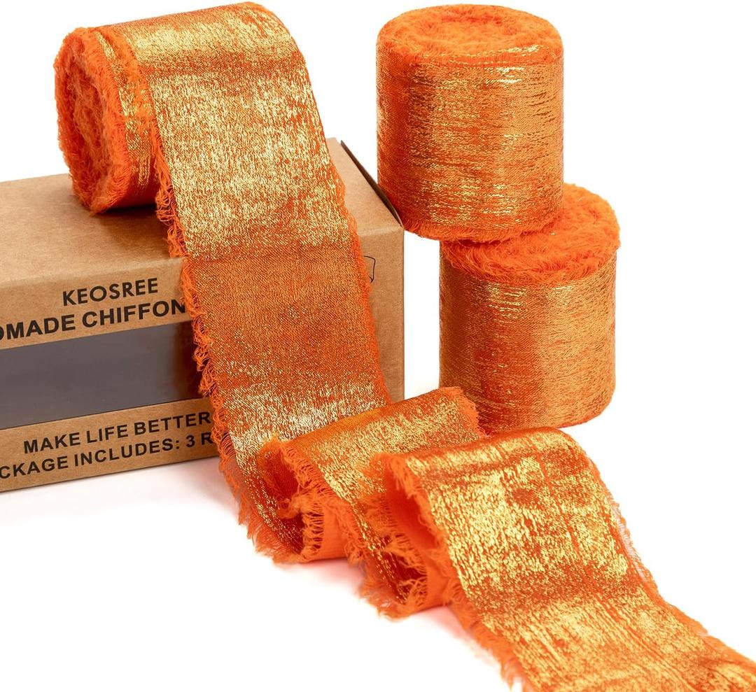 2 x Orange Silk Chiffon Ribbon,Terracotta Frayed Shimmery Silk Ribbon for Bridal Flower Bouquet Christmas Gift Wrapping Wedding Decor Invitations Decorations 1.5" x 15 Yards (5Yards X 3 Rolls)