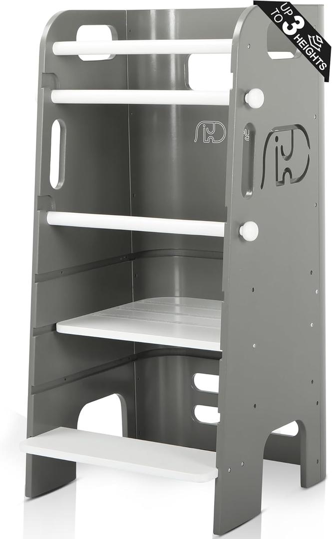 Toddler Tower, 3 Levels Adjustable Height Toddlers Standing Tower, Wooden Toddlers Kitchen Stool for Kids with Removable Safety Rail, Closed Back & Anti-Slip Strips (Gray)