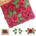 Artificial Flowers 50PCS Burgundy Roses Real Looking Foam Fake Roses with Leaves and for DIY Wedding Bouquets Bridal Shower Centerpieces Party Decorations (Burgundy)