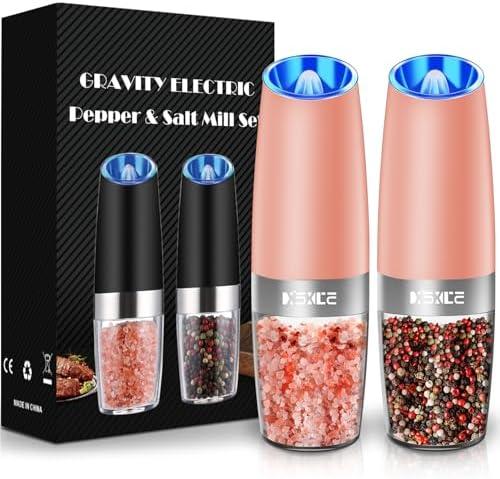 Sweet Alice Gravity Electric Pepper and Salt Grinder Set, Adjustable Coarseness, Battery Powered with LED Light, One Hand Automatic Operation, Coral, 2 Pack