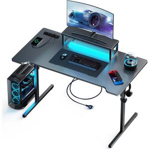 Small Gaming Desk with LED Lights & Power Outlets, 47 Inch Computer Desk with Monitor Stand, PC Gaming Table with Carbon Fiber, Black