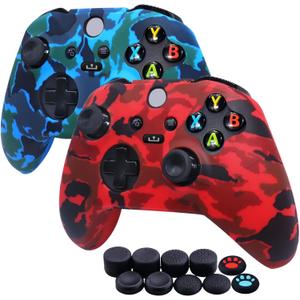 [2 Pack] Jusy Compatible with Xbox Series X/S Controller Soft Silicone Cover Skin, Sweat-Proof Dust-Proof Anti-Slip Case Cover Protective Accessories Set, with 10 Thumb Grips (Red+Blue)