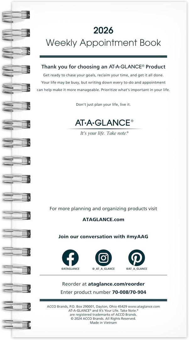 AT-A-GLANCE 2026 Weekly Appointment Book Planner Refill for 70-008, 3-1/4" x 6-1/4", Pocket Size (709041026)
