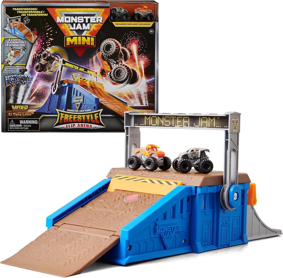 Monster Jam Mini Freestyle Flip Arena Playset and Storage with 2 Mini Monster Jam Trucks, Kids Toys for Boys and Girls Ages 3 and up