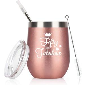 GINGPROUS 50th Birthday Gifts for Women Wife Mom Friends Coworkers, Fifty and Fabulous Wine Tumbler for 50th Birthday, 12 Oz Stainless Steel Insulated Wine Tumbler with Lid and Straw, Rose Gold