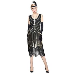 1920s Sequined Vintage Beaded Gatsby Flapper Evening Prom Roaring 20s Dress (L/US 8-10, Black Gold)