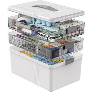 3 Tier Medicine Cabinet Organizer Large Capacity Medicine Organizer, Portable Medicine Box with Handle, Multipurpose Medical Box with Removable Tray, First Aid Boxes Empty, White