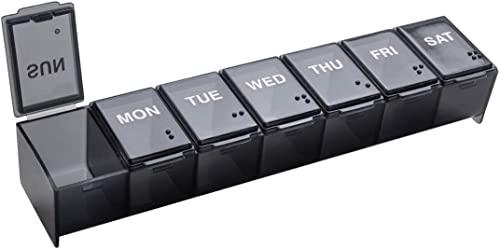 EZY DOSE Weekly 7-Day Pill Organizer, X-Large Vitamin and Medicine Box, Spacious Compartments for Pills and Supplements, Durable Black Design, Easy-Open Lids, Perfect for Home and Travel Use