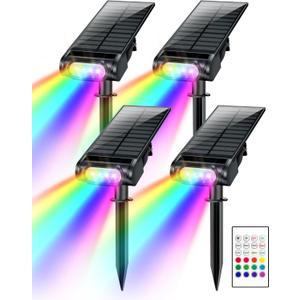 RGB Christmas Solar Spot Lights Outdoor, 12 RGB Color Modes Landscape Light Waterproof IP67 with Remote Control, 2-in-1 Color Changing RGB/Cool/Warm White for Yard Garden Christmas 4 Pack