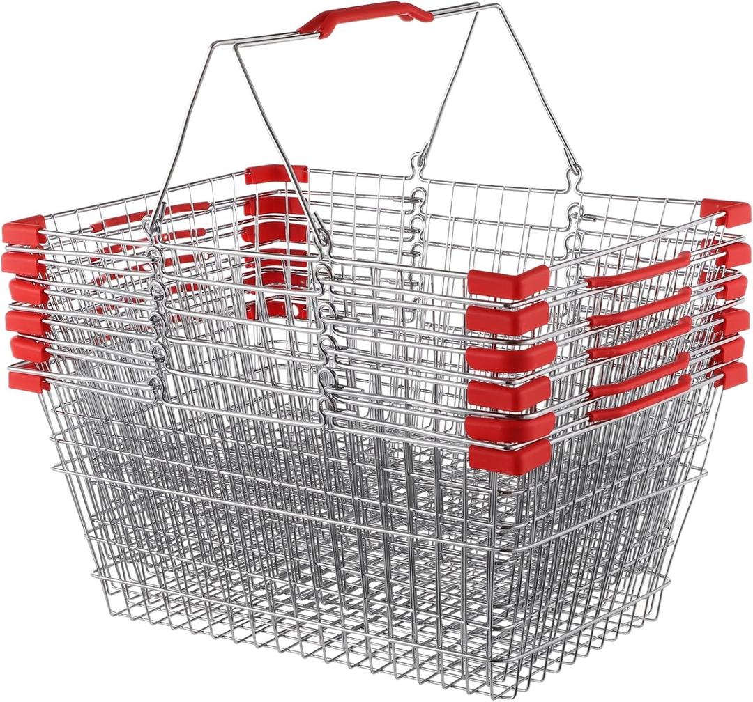 Metal Shopping Basket - 6 Pcs with Handles, Small Market Basket for Retail, Grocery, & Flea Markets