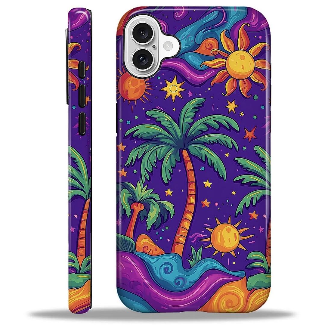 Yesad Case for iPhone 16 Plus, Hybrid 2-Layer Case, Shockproof Military-Grade Protection Durable Anti-Scratch Phone Case for Woman Man Boy Girl, Palm Trees Stars Sun