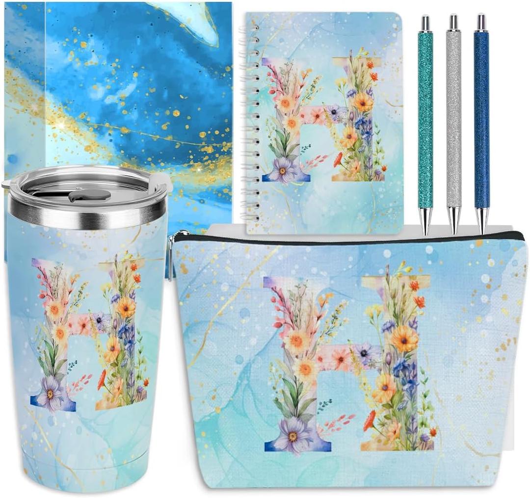 Personalized Gifts Monogrammed Birthday Gifts for Women, Bridesmaid Bachelorette Party Christmas Initial 20 oz Tumbler, Makeup Bag Cup Ballpoint Pens Journal Notebook 6 Set, (Aesthetic Blue Flower H)