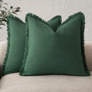 Foindtower Set of 2 Decorative Linen Fringe Throw Pillow Covers Cozy Boho Farmhouse Cushion Cover with Tassels Soft Accent Pillowcase for Couch Sofa Bed Living Room Home Decor, 1616 Inch, Pine Green