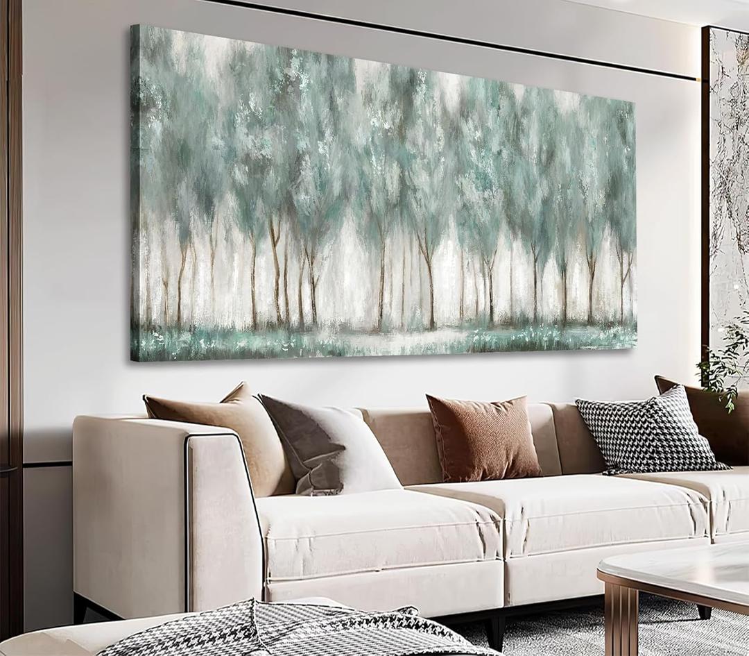 NINEASO Abstract Forest Canvas Wall Art - Grey Teal Foggy Trees Pictures Abstract Misty Woods Wall Decor Modern Botanical Painting Print Artwork for Living Room Bedroom Home Office Decor 29" x 58"