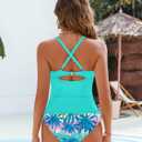 Womens Elegant Tankini Set Modest Tummy Control Ruffle Tank Top High Waisted Bottom (Teal, L)