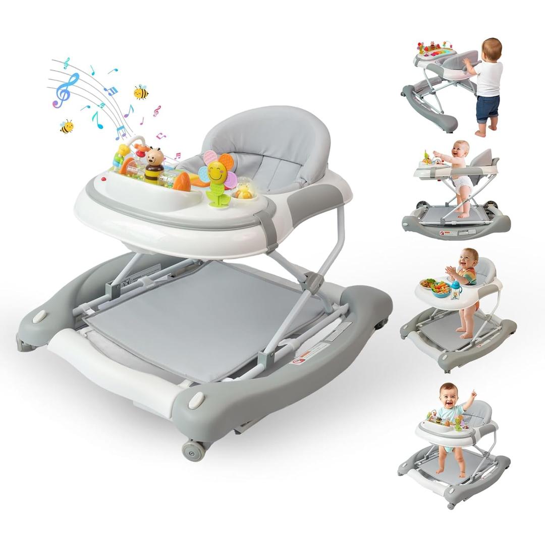 5 in 1 Baby Walker, Music and Lights Walker for Baby Boy Girls 6-12 Months, Foldable Baby Walkers with Wheels and Bouncer Combo Portable, Toddler Infant Walker with Adjustable Height (Grey)