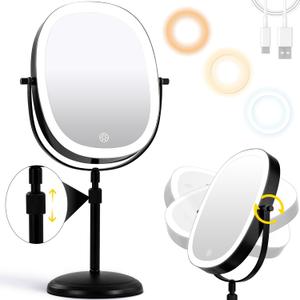 9'' Lighted Makeup Mirror with 1x/7x Magnification, Height Adjustable Vanity Mirror, 3 Color Lights Lighted Makeup Mirror with Magnification, Rechargeable 360 Swivel Double Sided Mirror, Black (16"L x 8.5"W, Black-oval)
