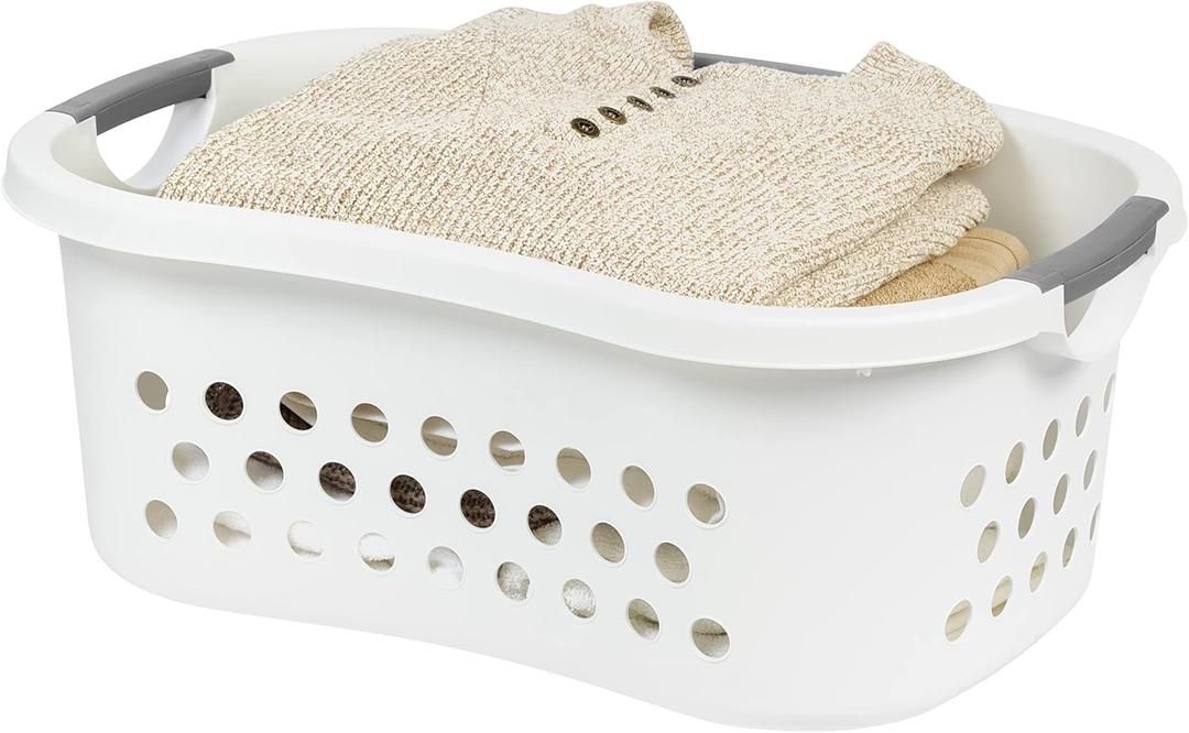 IRIS USA Laundry Basket Hamper Bag, Large Plastic 50L / 1.5 Bushel Dirty Clothes Sorter Bin Organizer for Blankets Bathroom Dorm Bedroom with Ventilation Holes Hip Hold Built-In Carry Handles, White