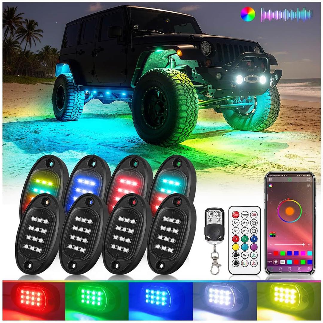 8Pods RGB LED Rock Lights for Jeep Golf Cart ATV UTV Trucks Offroad RZR SXS Four Wheeler with APP/RF Remote Control, Multicolor Dynamic Color Changing Underglow Kits Music Mode 12V Waterproof Chasing