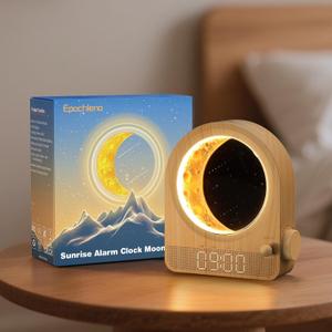 Sunrise Alarm Clock, White Noise Machine & Meteor Moonlight - 10 Soothing Sounds, Dual Alarms, 30/60/90min Timer, Easy Snooze - Bedroom Gift for Insomnia Adults/Women - Wood Grain