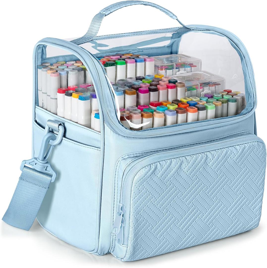 Rexmica Large Marker Organizer Case for 180 Markers, Marker Storage Bag for Markers, Paint Brushes, Colored Pencils or Other Art Supplies with Dividers and Shoulder Strap (Blue)